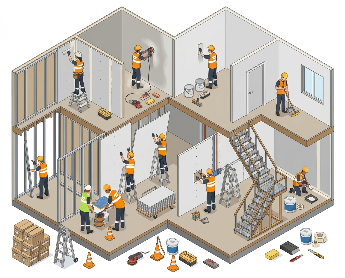 444 Construction drywall team at work
